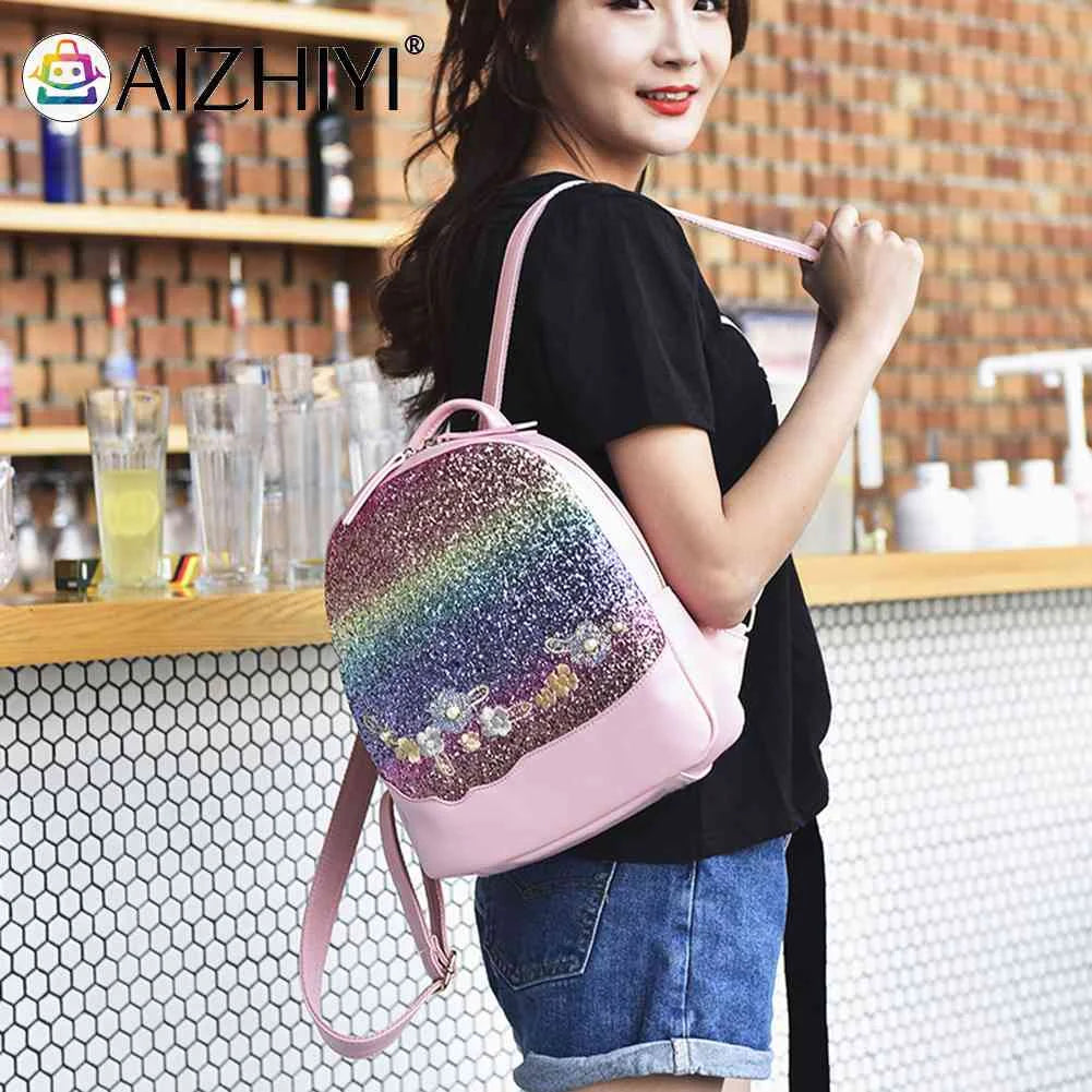 Sequin Backpack Floral Travel School Bags High Shine Handbag