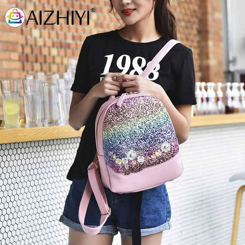 Sequin Backpack Floral Travel School Bags High Shine Handbag