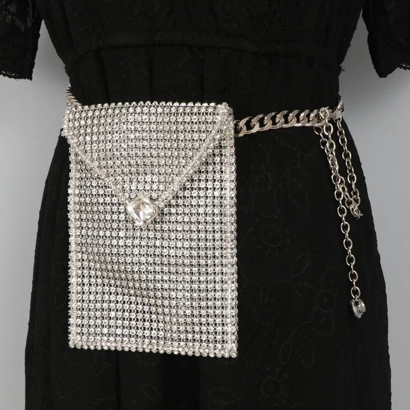 Rhinestone Waist Chain with Phone Bag and Lipstick Purse