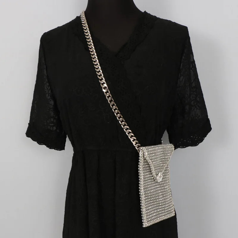 Rhinestone Waist Chain with Phone Bag and Lipstick Purse