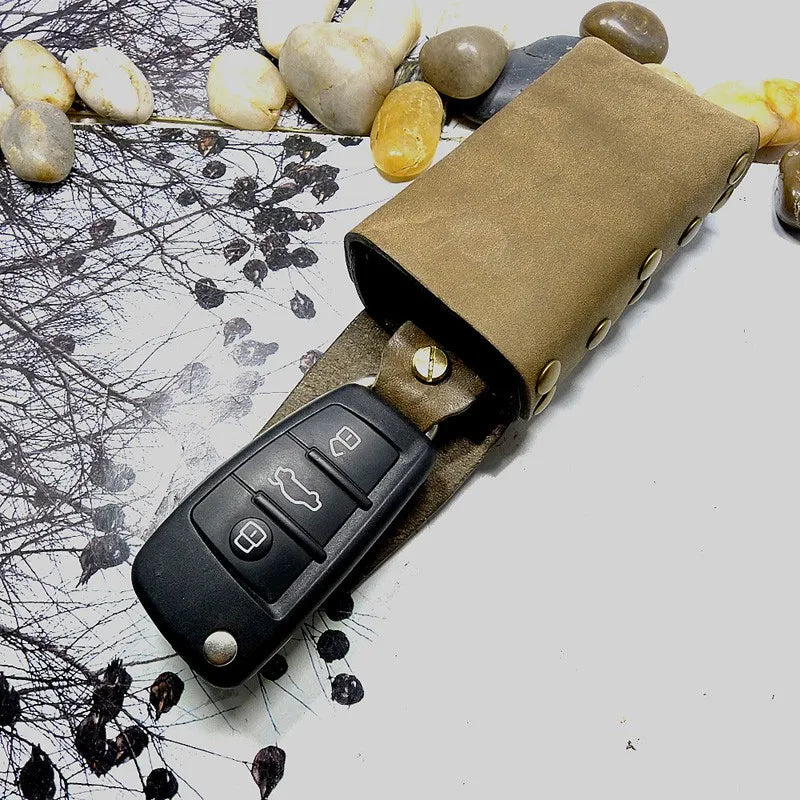 Hand-made Leather Drawstring Car Key Bag for Men Women
