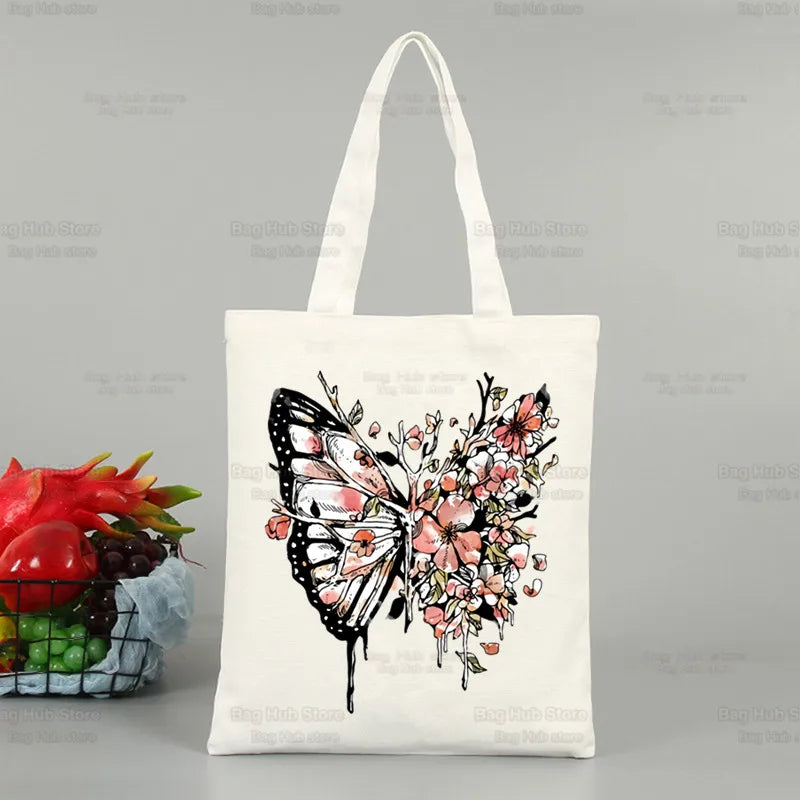 Butterfly Flying Flower Korea Ulzzang Shopper Bag Print Canvas Tote Bag