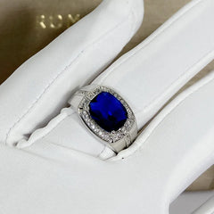 Square Zircon Sapphire Diamond Men's Silver Ring Accessory