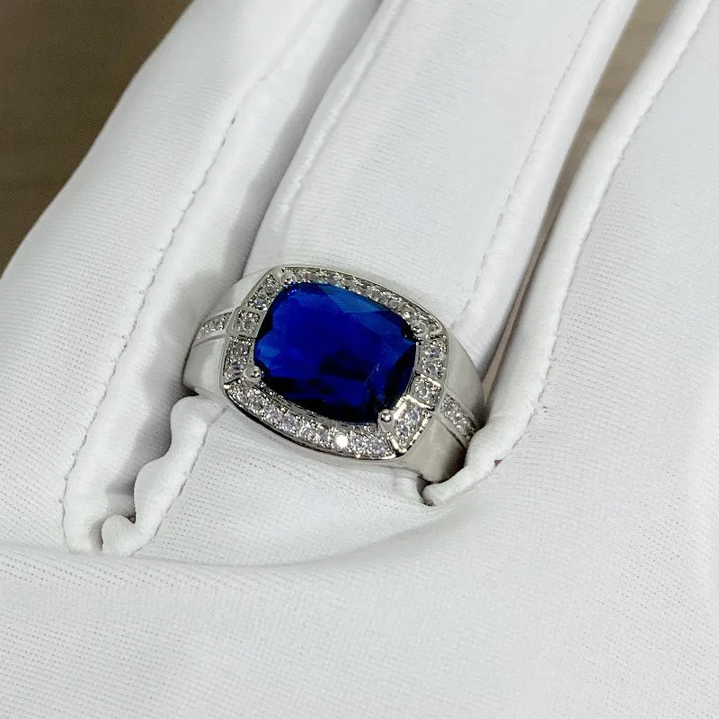 Square Zircon Sapphire Diamond Men's Silver Ring Accessory