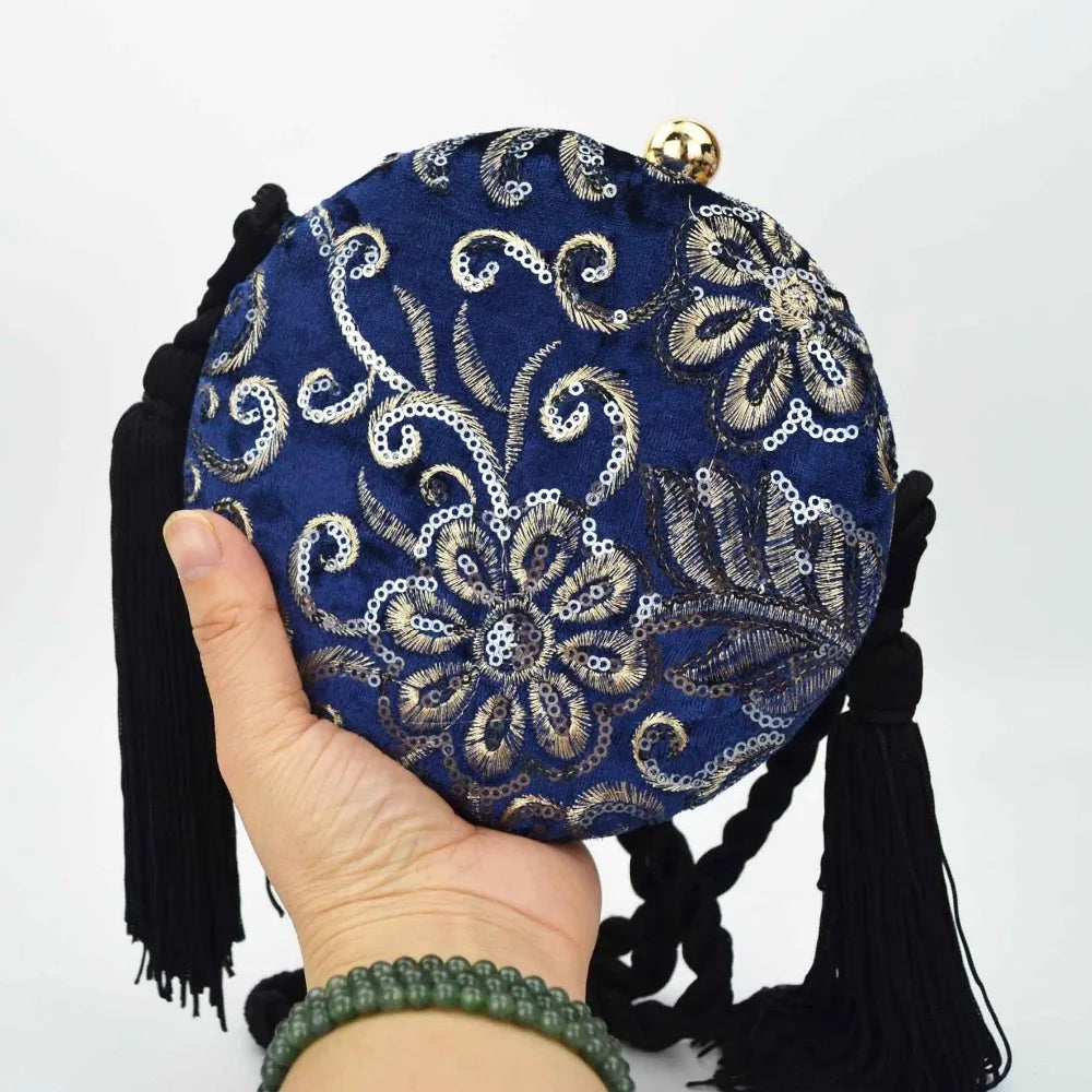 Flannelette Clutch Bag Embroidery Sequins Round Evening Bag Tassels Handbag Brai