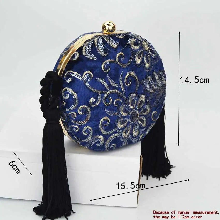 Flannelette Clutch Bag Embroidery Sequins Round Evening Bag Tassels Handbag Brai