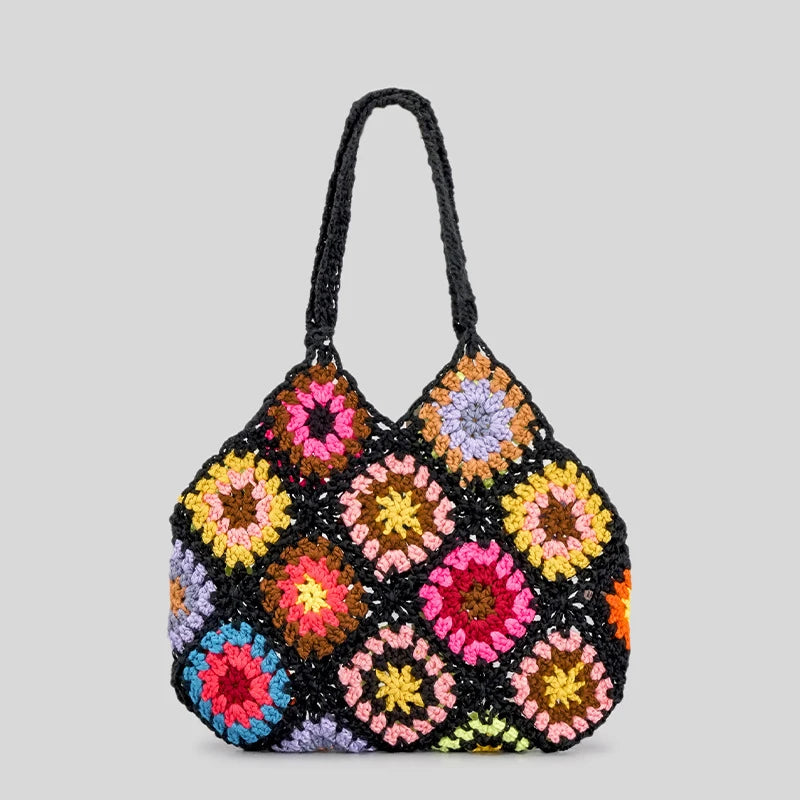 Bohemia Crocheted Shoulder Bag for Women Vintage Plaid Handbag