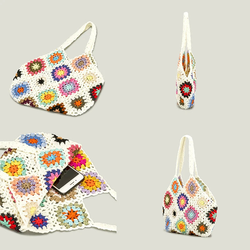 Bohemia Crocheted Shoulder Bag for Women Vintage Plaid Handbag