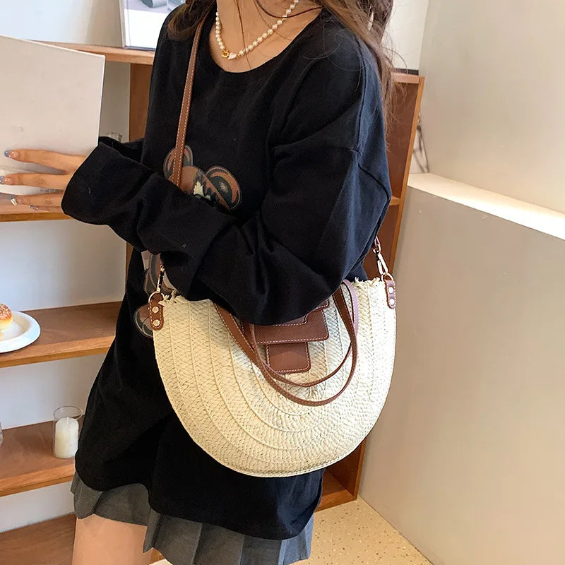 Bohemia Semi-circular Bag Large Rattan Shoulder Beach Crossbody Handbag