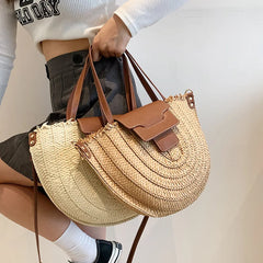 Bohemia Semi-circular Bag Large Rattan Shoulder Beach Crossbody Handbag