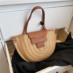 Bohemia Semi-circular Bag Large Rattan Shoulder Beach Crossbody Handbag