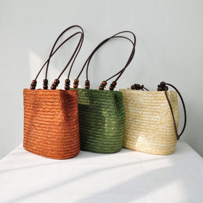 Bohemia Straw Shoulder Bag Large Capcity Woven Bucket Beach Travel Handbag