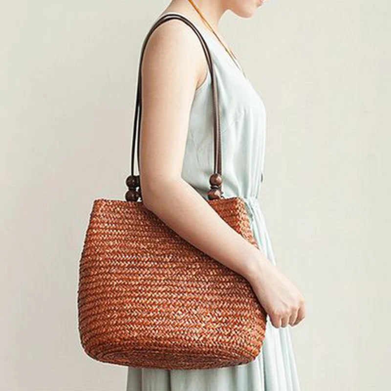 Bohemia Straw Shoulder Bag Large Capcity Woven Bucket Beach Travel Handbag