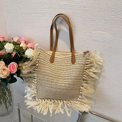 Bohemia Women Straw Bag Tassel Rattan Woven Large Capacity Handbag