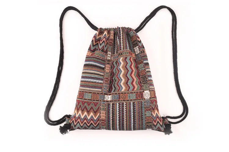 Bohemian Drawstring Backpacks Bag Women Woven Casual Beach Travel Bags