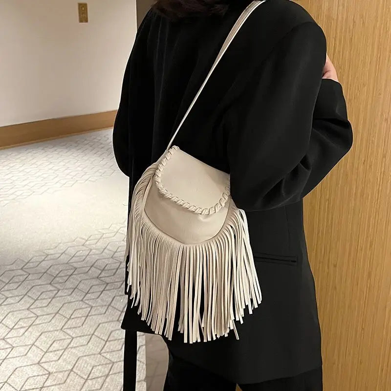 Vintage PU Leather Women Shoulder Bags Fringe Tassel Handbags