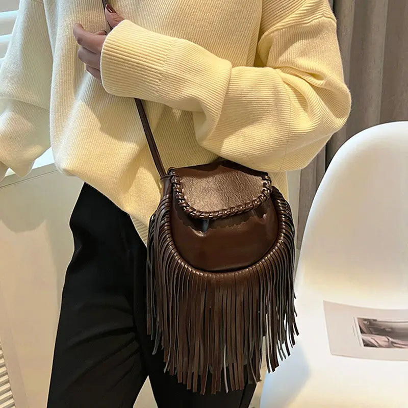 Vintage PU Leather Women Shoulder Bags Fringe Tassel Handbags