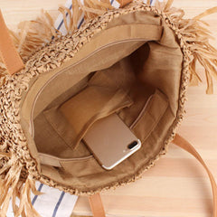 Bohemian Round Tassel Women Straw Bag Rattan Shoulder Bags Large Capacity