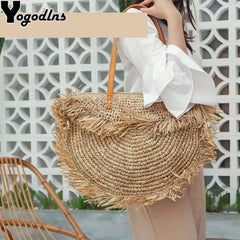 Bohemian Round Tassel Women Straw Bag Rattan Shoulder Bags Large Capacity