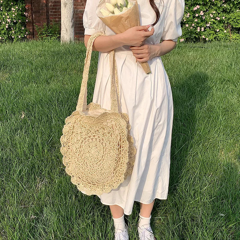Boho Straw Circle Beach Handbag Rattan Shoulder Tote Bag