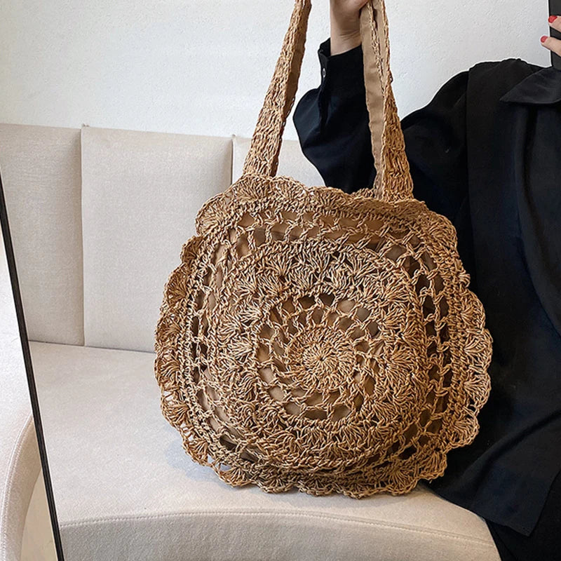 Boho Straw Circle Beach Handbag Rattan Shoulder Tote Bag