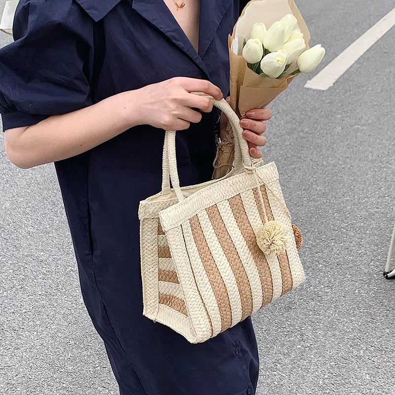 Bohemian Striped Straw Woven Totes Bags For Women Summer