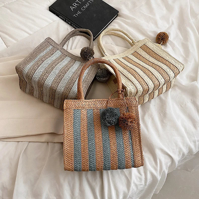 Bohemian Striped Straw Woven Totes Bags For Women Summer