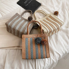Bohemian Striped Straw Woven Totes Bags For Women Summer