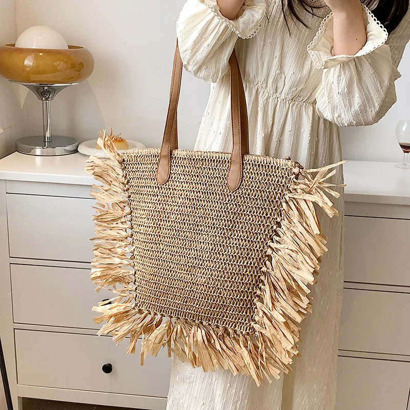 Boho Tassel Women Straw Bag Rattan Shoulder Bags Large Capacity Handbags