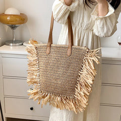 Boho Tassel Women Straw Bag Rattan Shoulder Bags Large Capacity Handbags