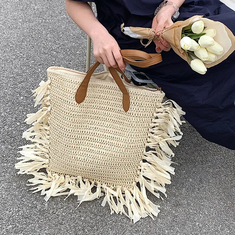 Boho Tassel Women Straw Bag Rattan Shoulder Bags Large Capacity Handbags