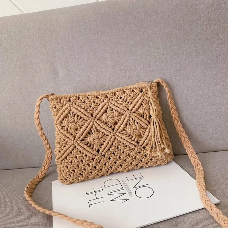 Boho Women Straw Beach Bag Shoulder Messenger Tote Khaki Purse KL1043
