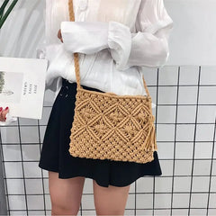 Boho Women Straw Beach Bag Shoulder Messenger Tote Khaki Purse KL1043