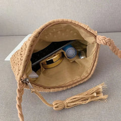 Boho Women Straw Beach Bag Shoulder Messenger Tote Khaki Purse KL1043