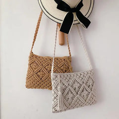 Boho Women Straw Beach Bag Shoulder Messenger Tote Khaki Purse KL1043