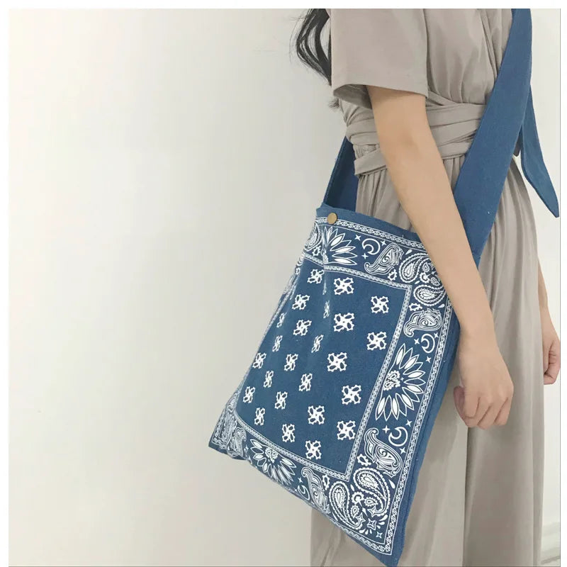 Boho Wide Strap Slouch Bag Women Bohemian Style Printing Messenger Big Handbag