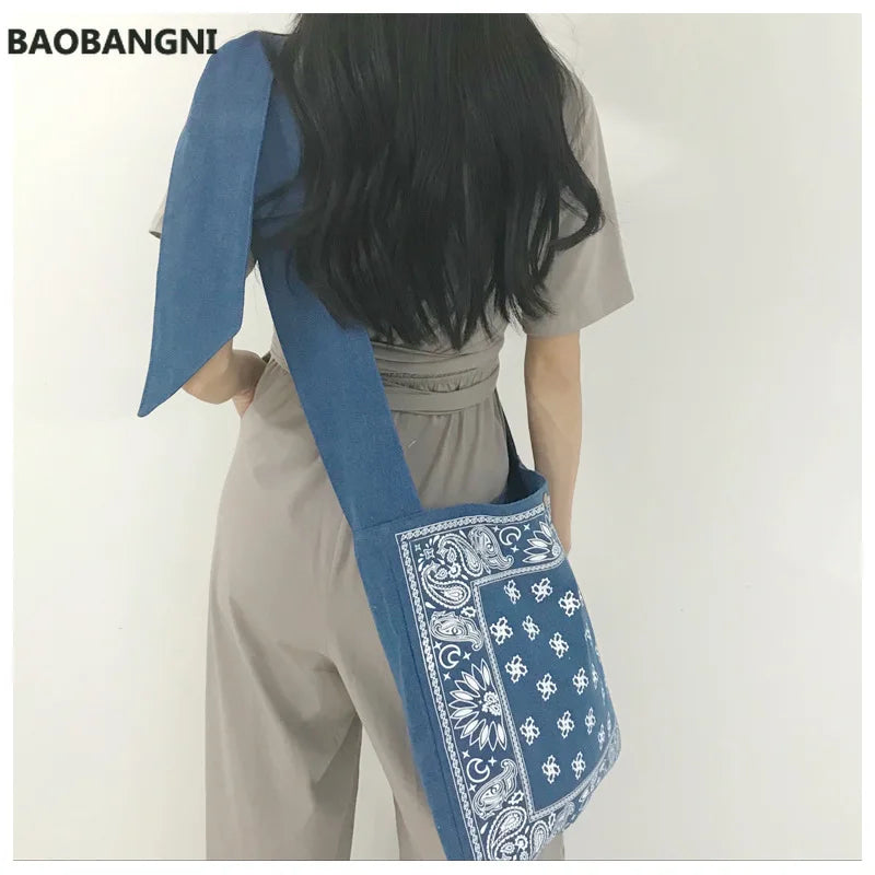 Boho Wide Strap Slouch Bag Women Bohemian Style Printing Messenger Big Handbag