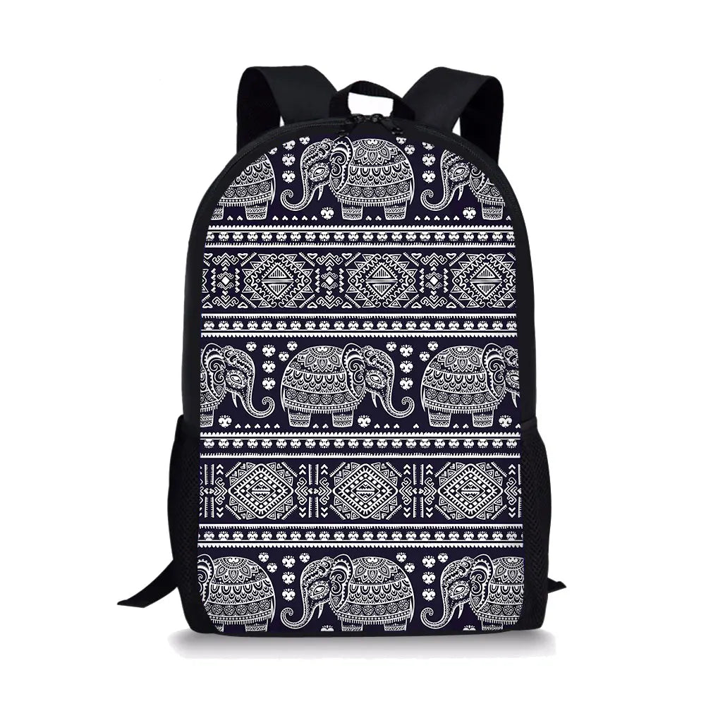 Boho Elephant Print Girls School Bags Retro All-match Backpacks Waterproof