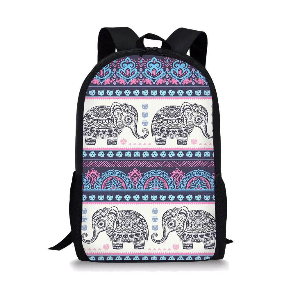 Boho Elephant Print Girls School Bags Retro All-match Backpacks Waterproof