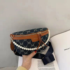 Faux Pearl Chain Waist Bag Canvas Fanny Pack for Women Shoulder Crossbody
