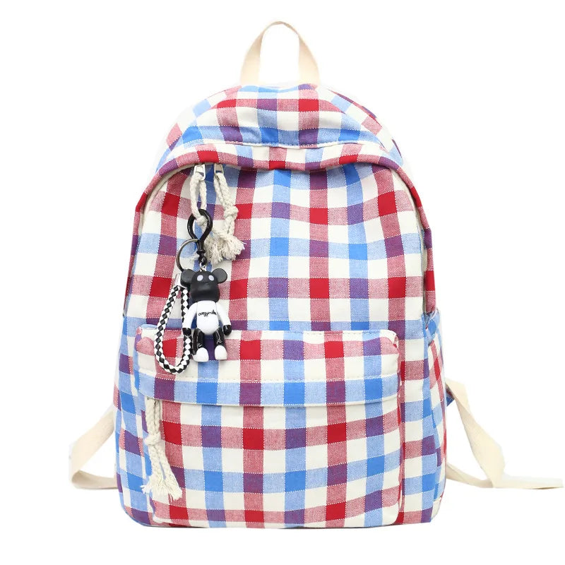 Plaid Canvas Backpacks for Women School Students Shoulder Bags