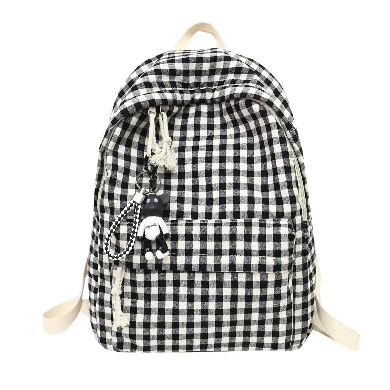 Plaid Canvas Backpacks for Women School Students Shoulder Bags