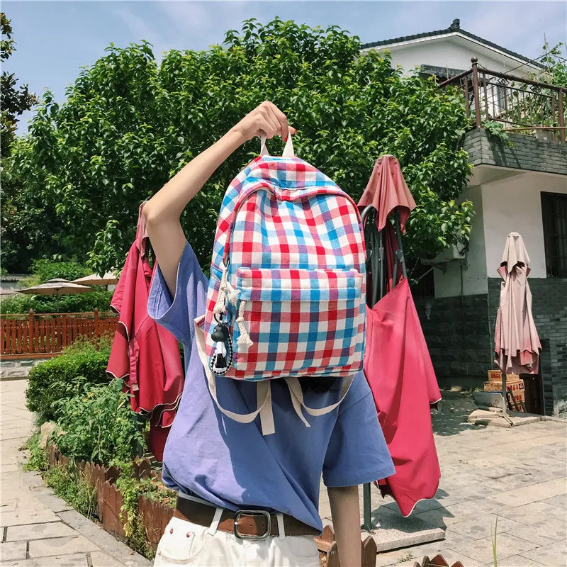 Plaid Canvas Backpacks for Women School Students Shoulder Bags