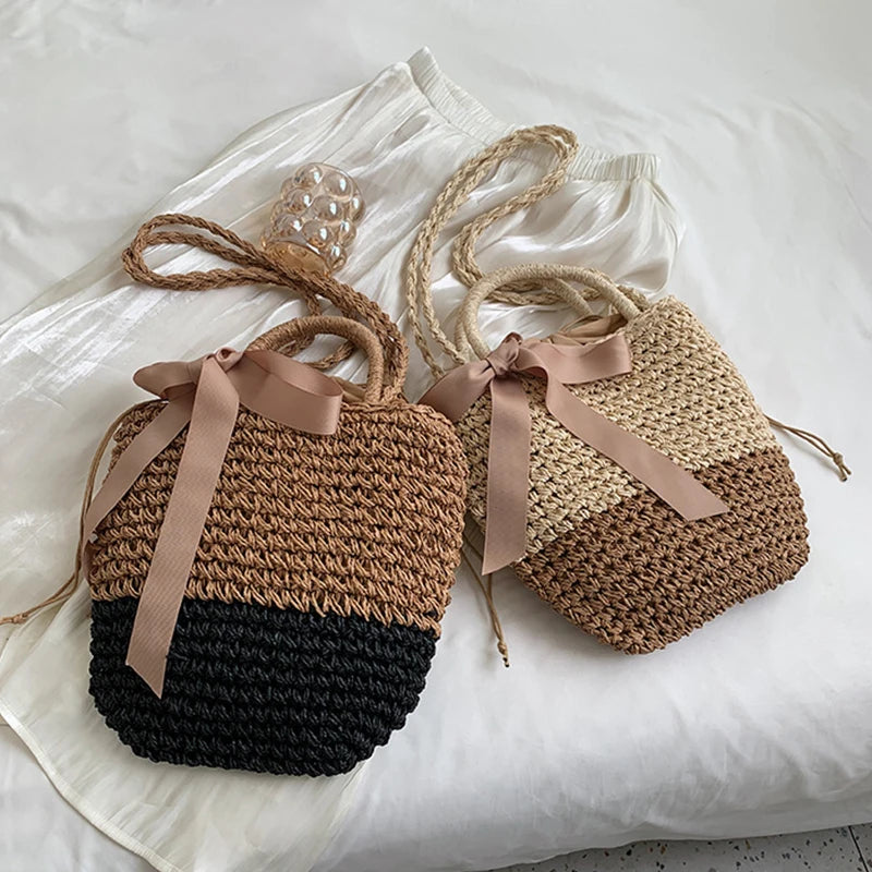 Straw Hollow Bucket Shoulder Bag Summer Beach Purse Vintage Handbags