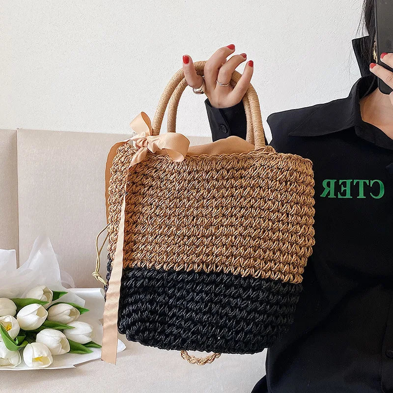Straw Hollow Bucket Shoulder Bag Summer Beach Purse Vintage Handbags