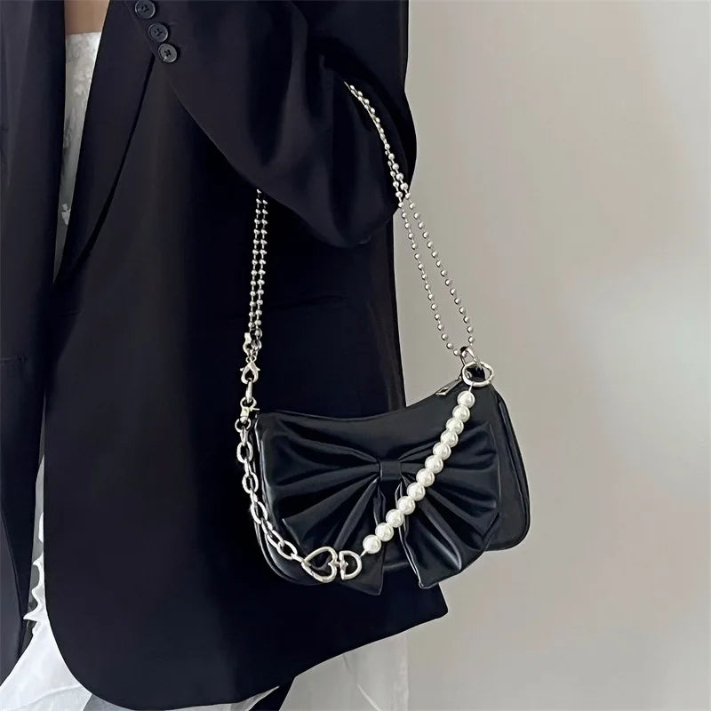 Y2K Bow Love Chain Shoulder Bag PU Leather Hot Girl Style Small Handbag