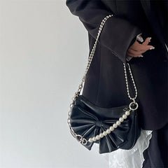 Y2K Bow Love Chain Shoulder Bag PU Leather Hot Girl Style Small Handbag
