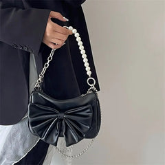 Y2K Bow Love Chain Shoulder Bag PU Leather Hot Girl Style Small Handbag