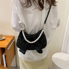 Bow Shoulder Bags Women Folds PU Leather Underarm Pearls Handbag