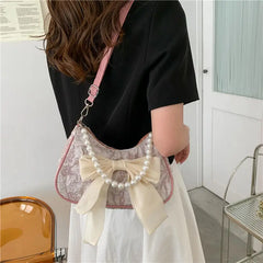 Bow Shoulder Bags Women Folds PU Leather Underarm Pearls Handbag